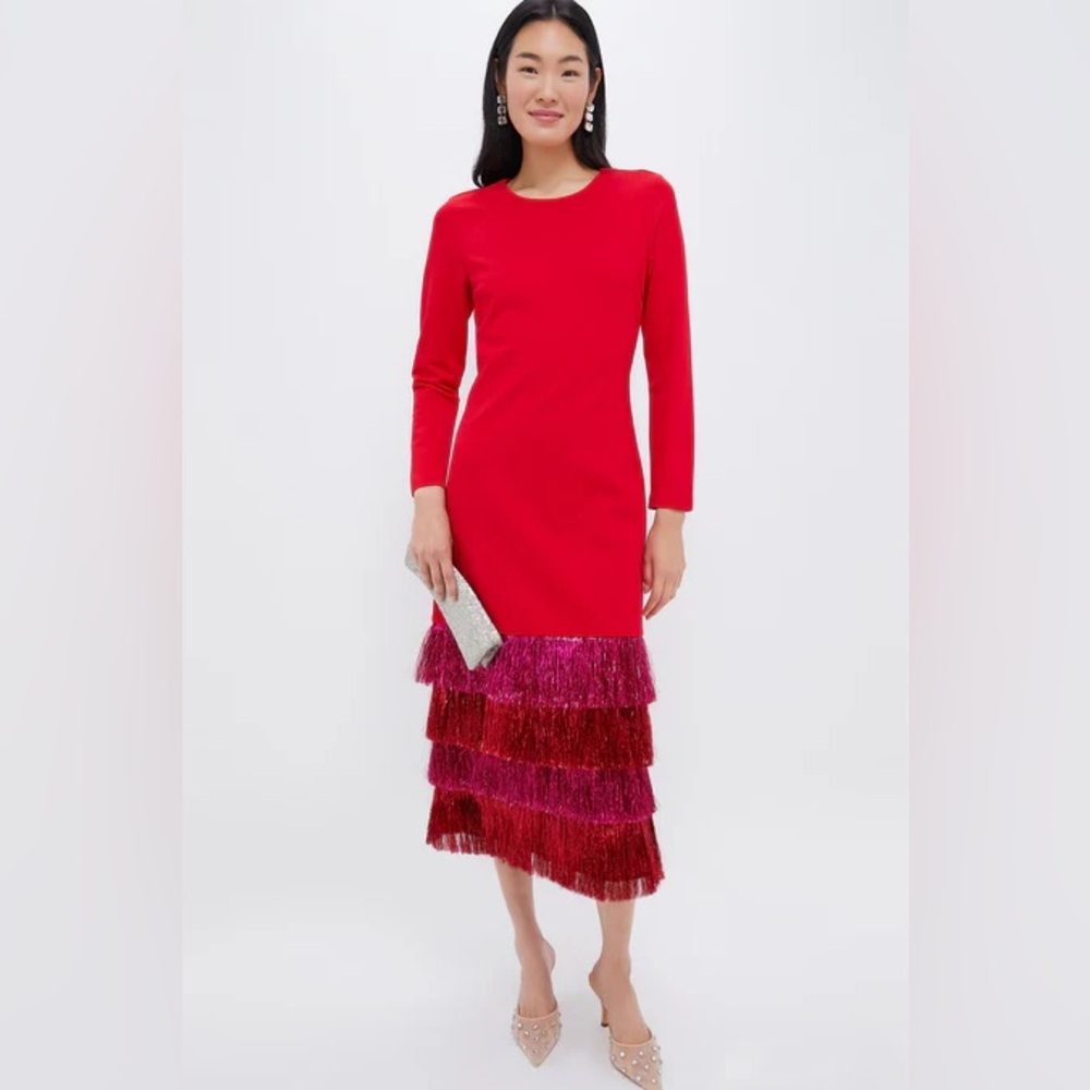 Tuckernuck Red & Pink Metallic Fringe Francie Long Sleeve Maxi Dress